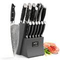 Damascus Kitchen Knife Set, 15-Piece Kitchen Knife Set with Block, ABS Ergonomic Handle for Chef Knife Set and Serrated Steak Knives Knife Sharpener and Kitchen Shears, 14 Slots Wooden Knife Block