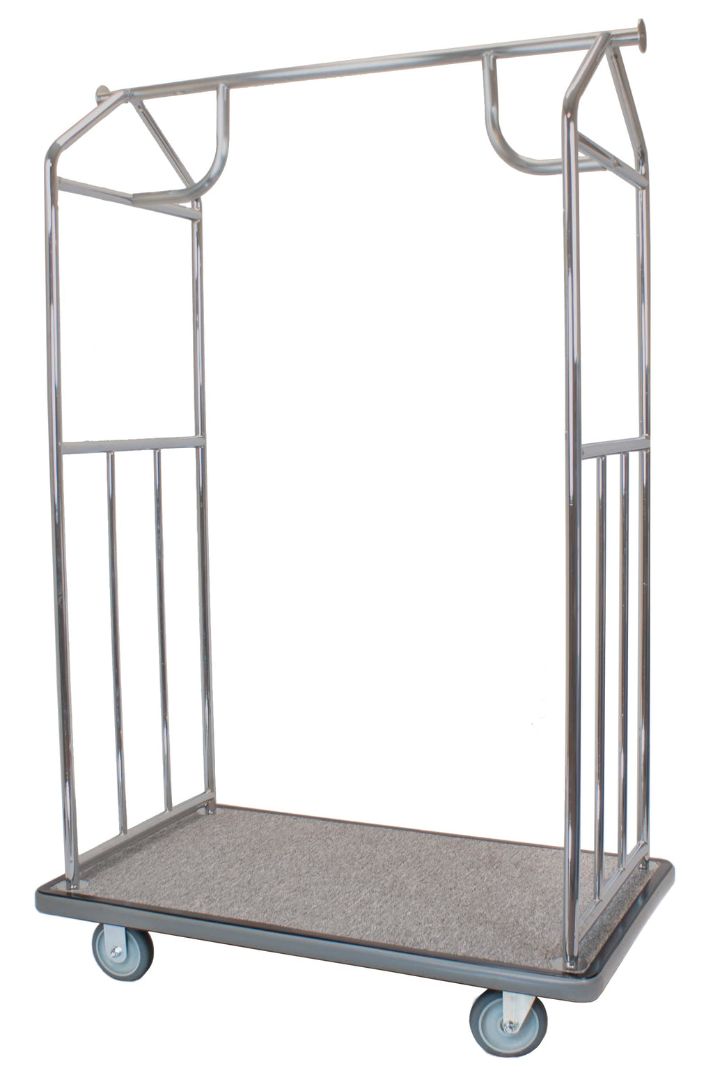 Wholesale Hotel Products Brushed Stainless Steel Luggage Cart – 800lb Capacity – Bellman Cart w/ 5” Rubber Wheels & Gray Carpet, for Hotel, Resorts, Condos, Commercial Use (Value Valet Series)