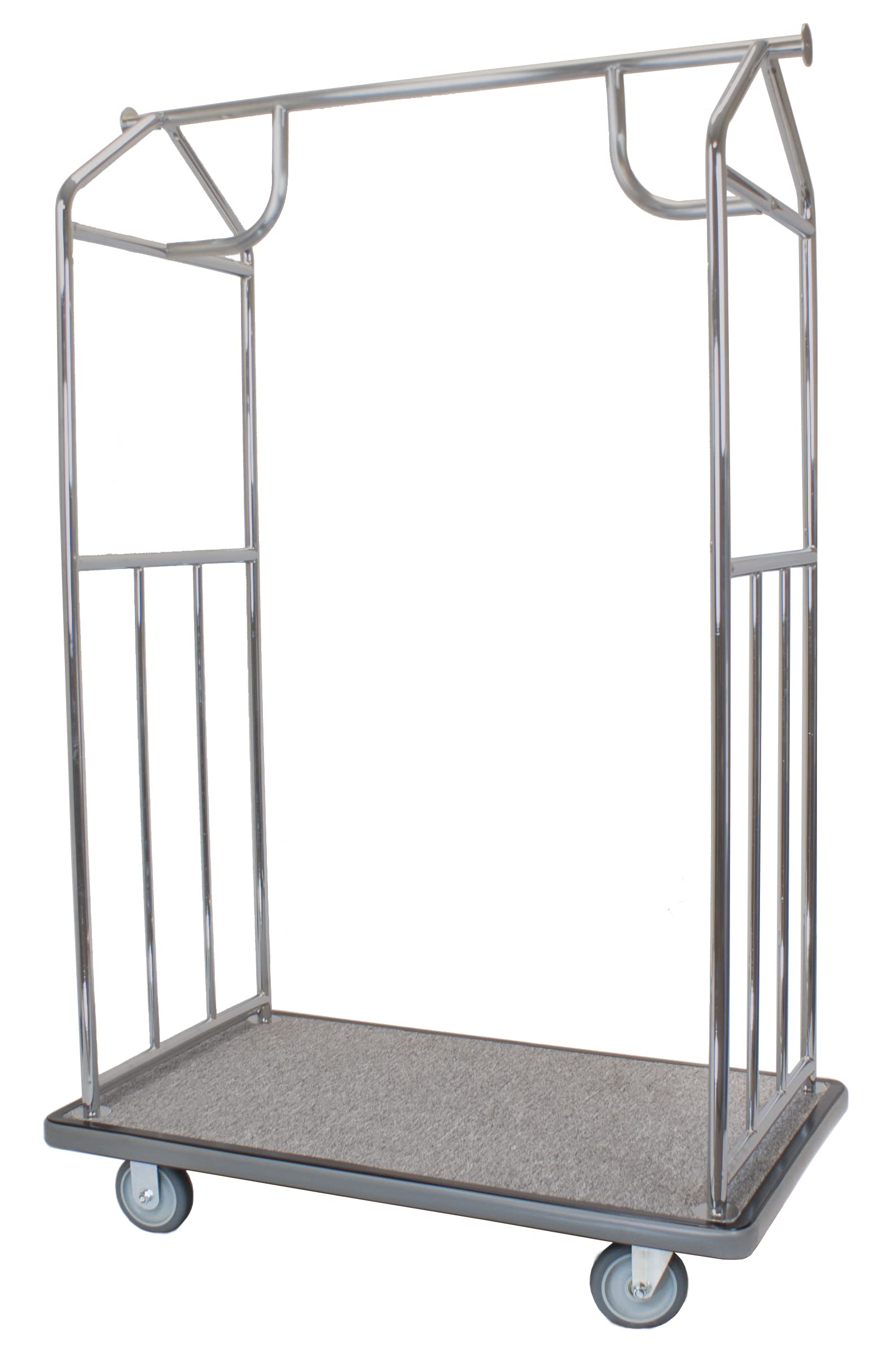 Wholesale Hotel Products Brushed Stainless Steel Luggage Cart – 800lb Capacity – Bellman Cart w/ 5” Rubber Wheels & Gray Carpet, for Hotel, Resorts, Condos, Commercial Use (Value Valet Series)