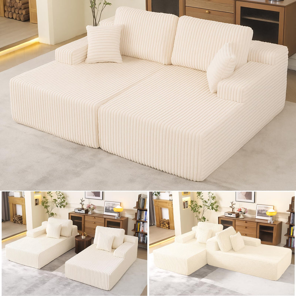 WHGBJA 79'' Convertible Sleeper Sofa Bed, 3-in-1 Foldable Floor Couch with Corduroy Upholstery, No Assembly Loveseat, Light Brown Lounge Mattress for Living Room, Studio, Guest Room (Beige)