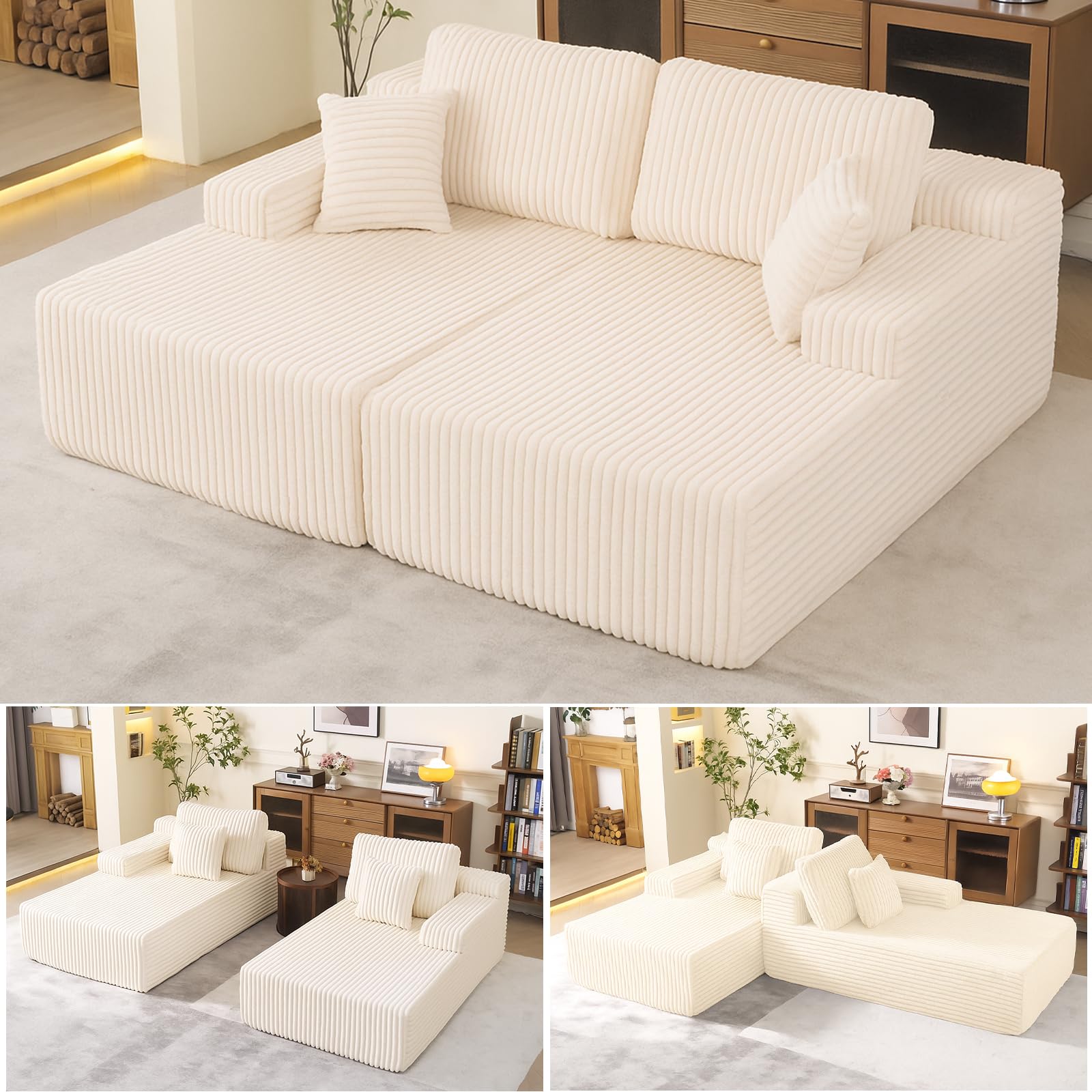 WHGBJA 79'' Convertible Sleeper Sofa Bed, 3-in-1 Foldable Floor Couch with Corduroy Upholstery, No Assembly Loveseat, Light Brown Lounge Mattress for Living Room, Studio, Guest Room (Beige)