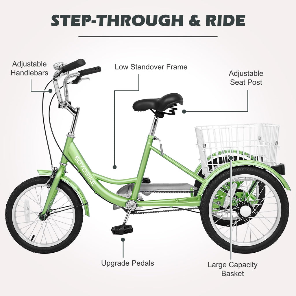 H&ZT Adult Tricycle, 3 Wheeled Bike, Trike Cruiser Bike, with 7-Speed Gear, Parking Brake Handle, Low Step, Large Rear Basket, Elderly Friendly, for Men, Women, and Teens