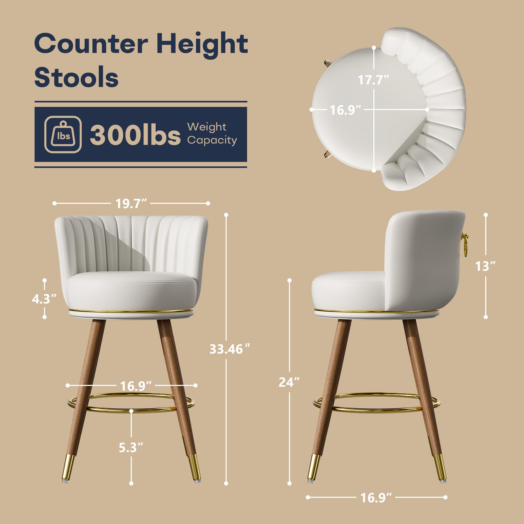 SeekFancy 24" Swivel Bar Stools Set of 2, Counter Height BarStools with Back, Leather Swivel Kitchen Stools with Wood Legs and Footrest, Upholstered Pub White Bar Chairs Kitchen Island