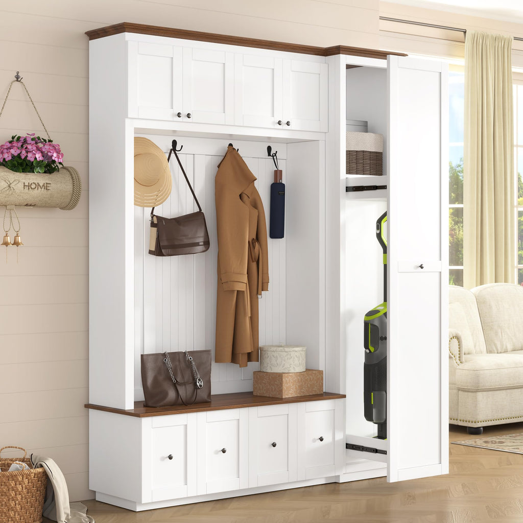 Merax 78.7''H Hall Tree with Storage Bench, Modern Entryway Bench with Coat Rack, 5-in-1 Hall Tree with Cabinets, Drawers & Hooks for Hallway, Entryway, Living Room, Mudroom, White