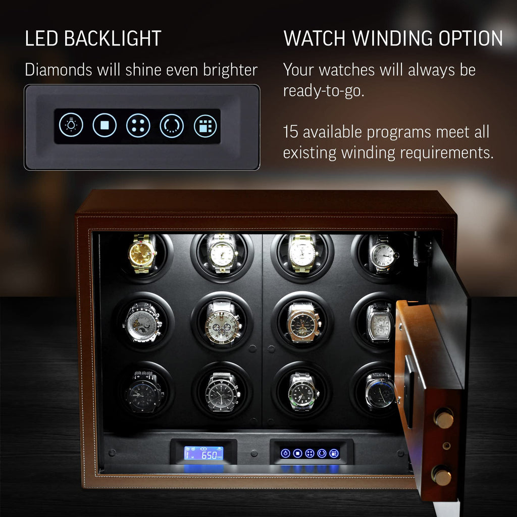 Watch Winder Security Safe for Automatic Watches with Digital Lock, Faux Leather Finish and Interior Backlight (12 watches, Brown)