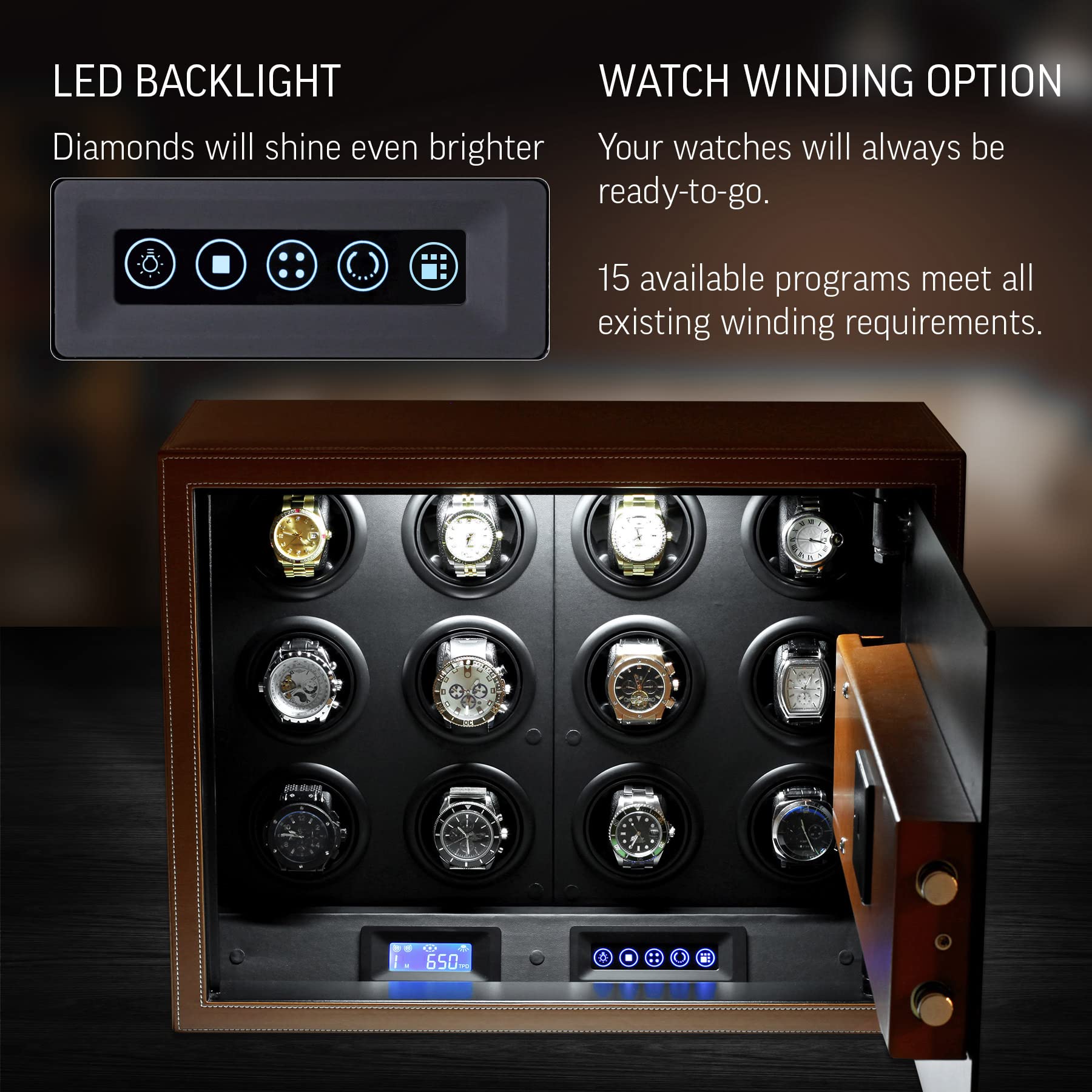 Watch Winder Security Safe for Automatic Watches with Digital Lock, Faux Leather Finish and Interior Backlight (12 watches, Brown)