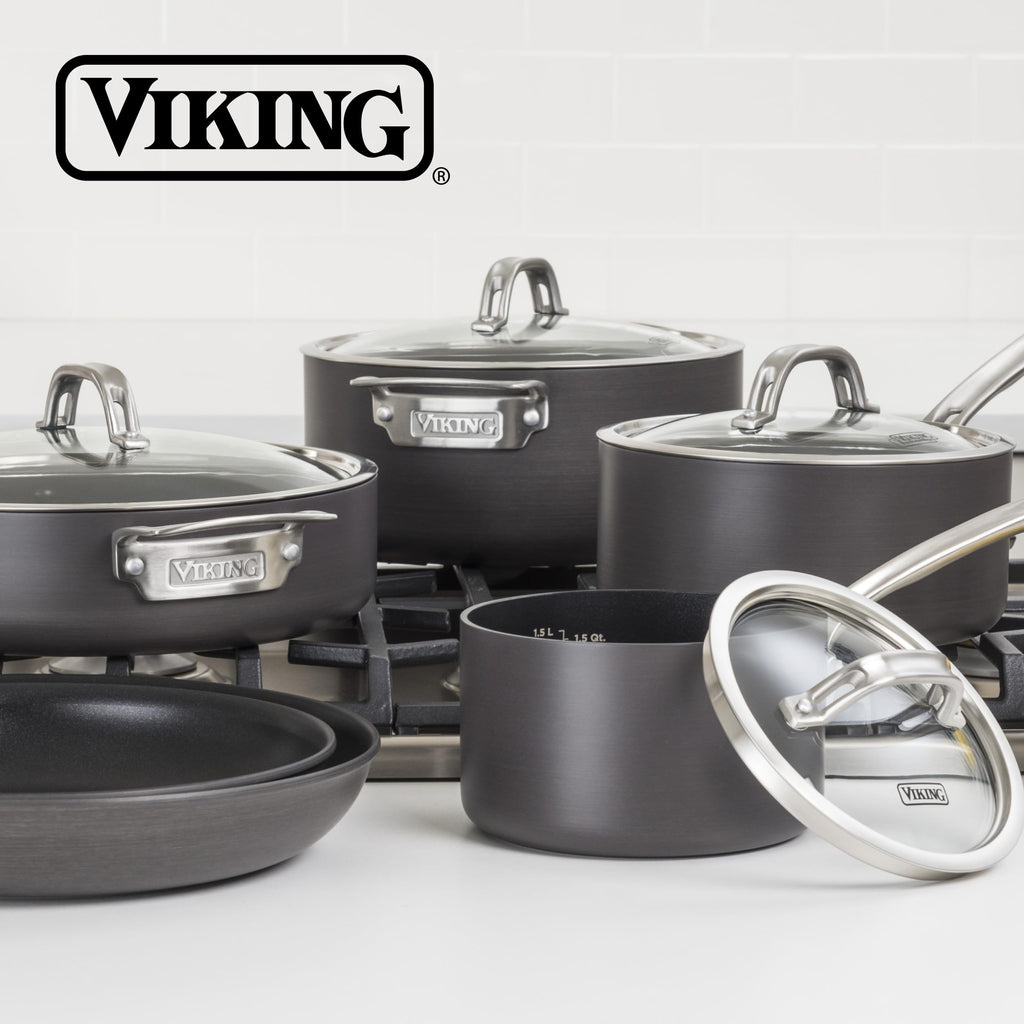 Viking Pots and Pans Set Non Stick, 10 Piece Hard Anodized Kitchen Cookware with Glass Lids, Black