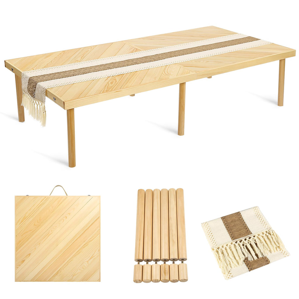 Folding Picnic Table with Table Runner, Portable Boho Low Picnic Table for Indoor Outdoor, 60" x 30" Wooden Table with Adjustable Heights for Camping, Wedding, Beach, Garden, Party(Large Size for 6)