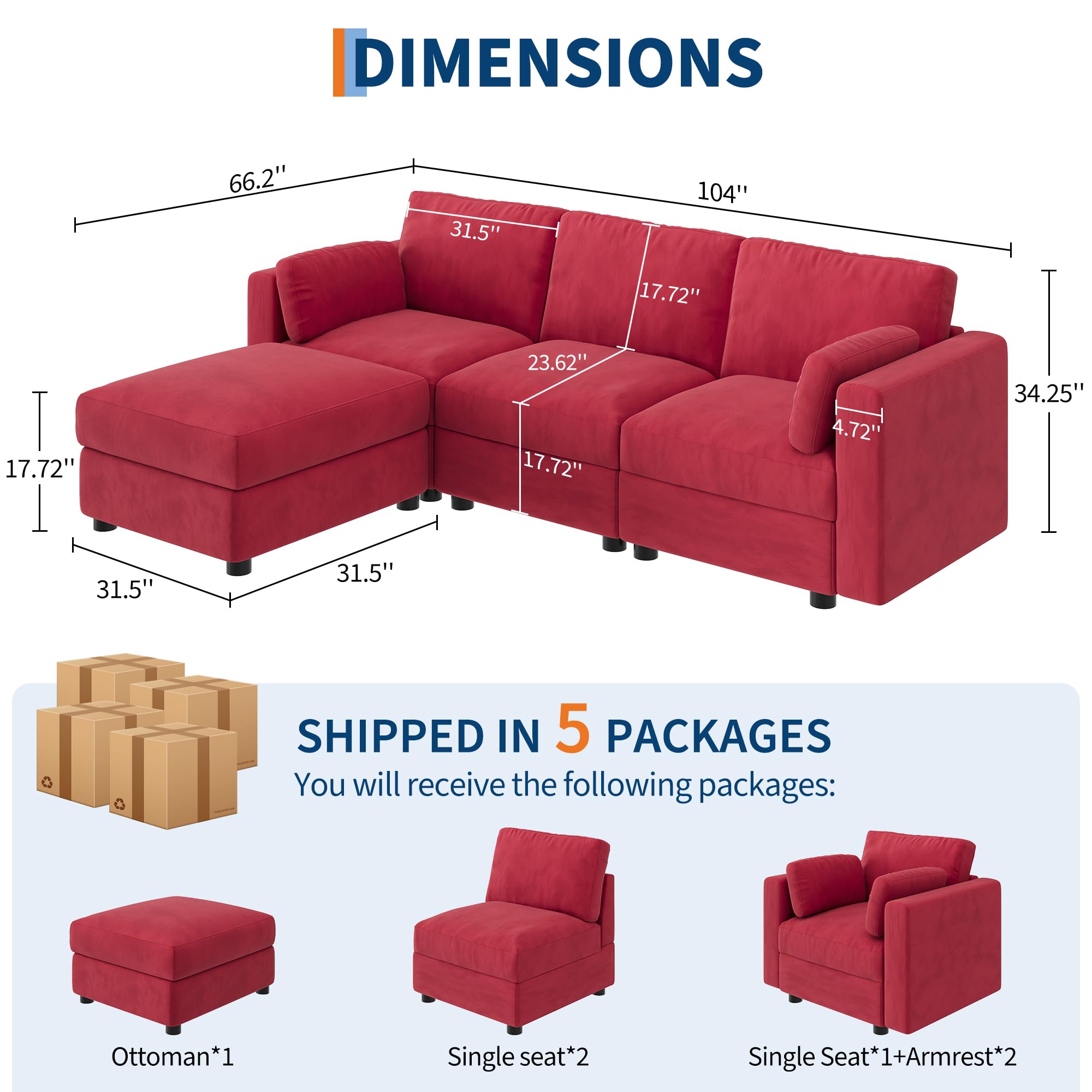 IDEALHOUSE 104" Modular Sectional Sofa, 4 Seater Sectional Couch, L-Shape Modern Sofa with Ottoman, Deep Seat, Oversized Convertible Modular Couch for Living Room Apartment Office, Chenille, Red