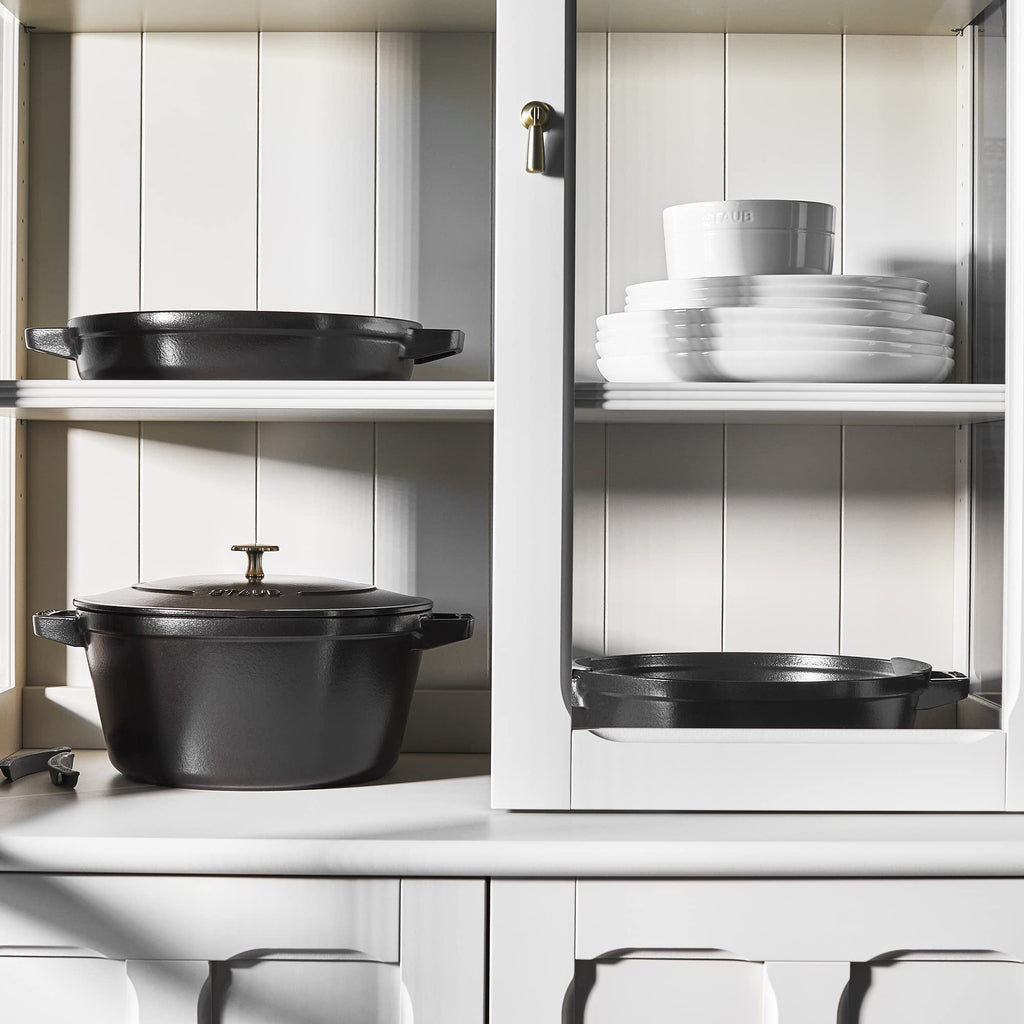STAUB Cast Iron Set 4-pc, Stackable Space-Saving Cookware Set, Dutch Oven, Skillet, Grill Pan with Universal Lid, Made in France, Matte Black