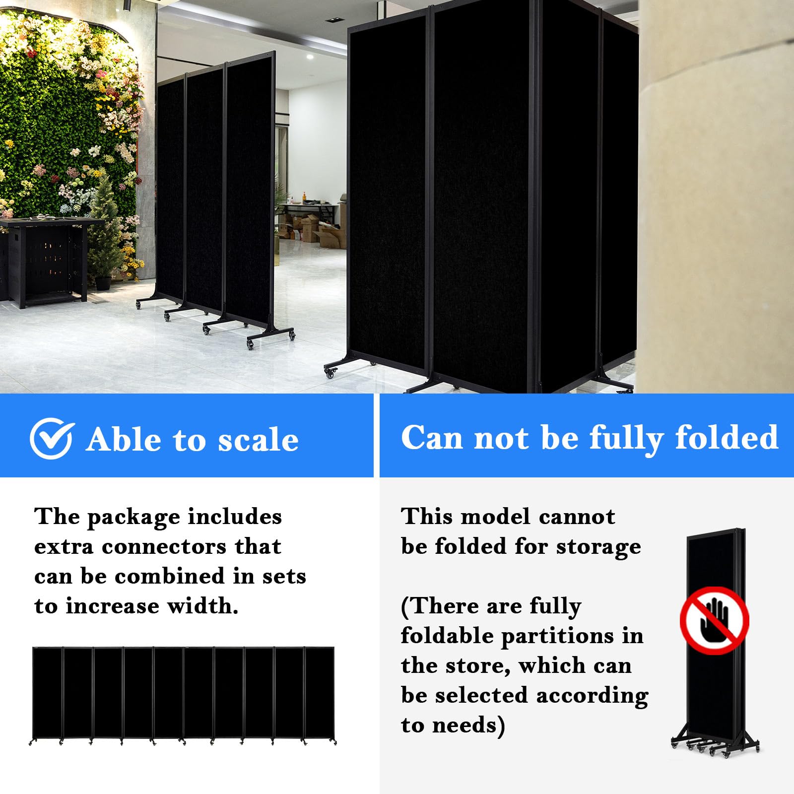 Upgrade Version Room Partition and Divider, Freestanding Rolling Dividers with Wheels,Office Privacy Screen Divider Wall,Classroom Felt Dividers,6'L* 6'7"H,3 Panel,Black