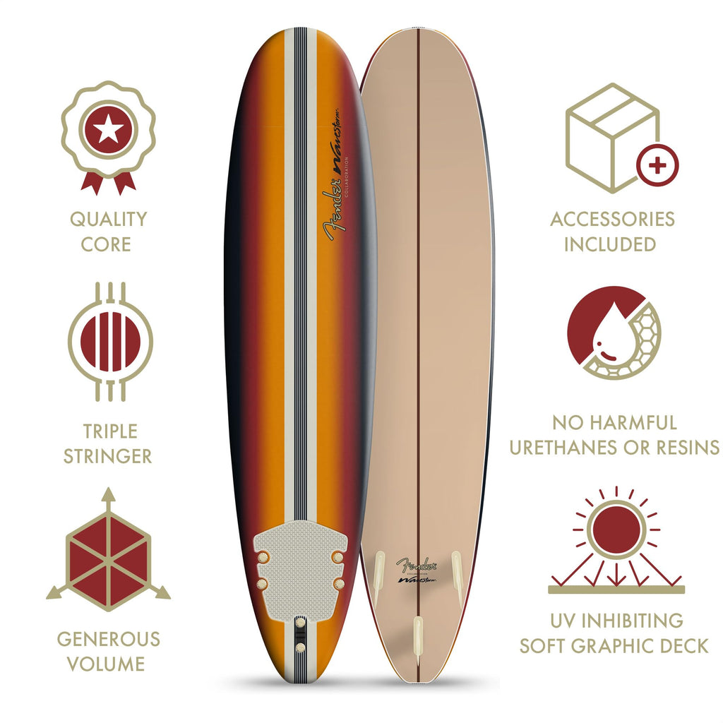 Fender x Wavestorm Collaboration 8ft Surfboard | Graphic top Deck with high Density Slick Bottom | for Kids and Adults | Foam Construction with Accessories | Leg Leash and Fin Set Included