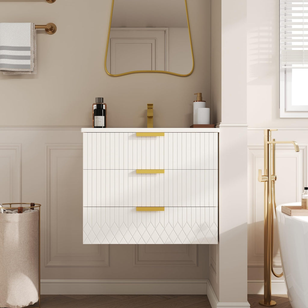 Merax 24" Wall Mounted Floating Cabinet w/Double Drawer, Floating Rectangular Vanity Small Bathroom Sink with Single Faucet Hole and Overflow, Modern Bathroom Cabinet with Ceramic Basin Sink, White