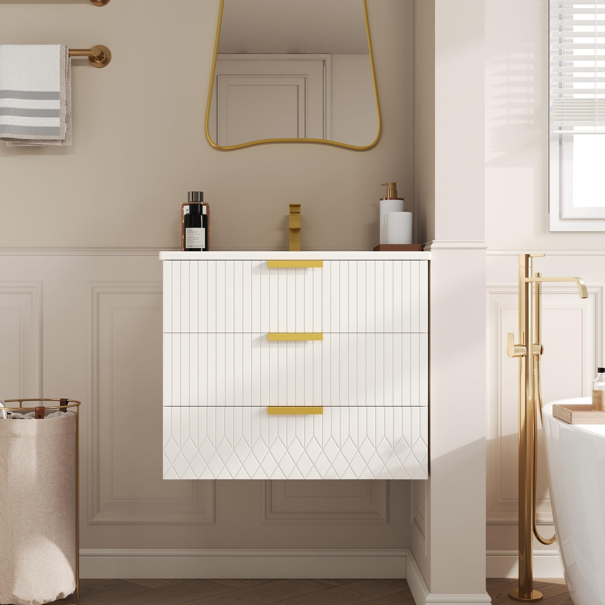 Merax 24" Wall Mounted Floating Cabinet w/Double Drawer, Floating Rectangular Vanity Small Bathroom Sink with Single Faucet Hole and Overflow, Modern Bathroom Cabinet with Ceramic Basin Sink, White