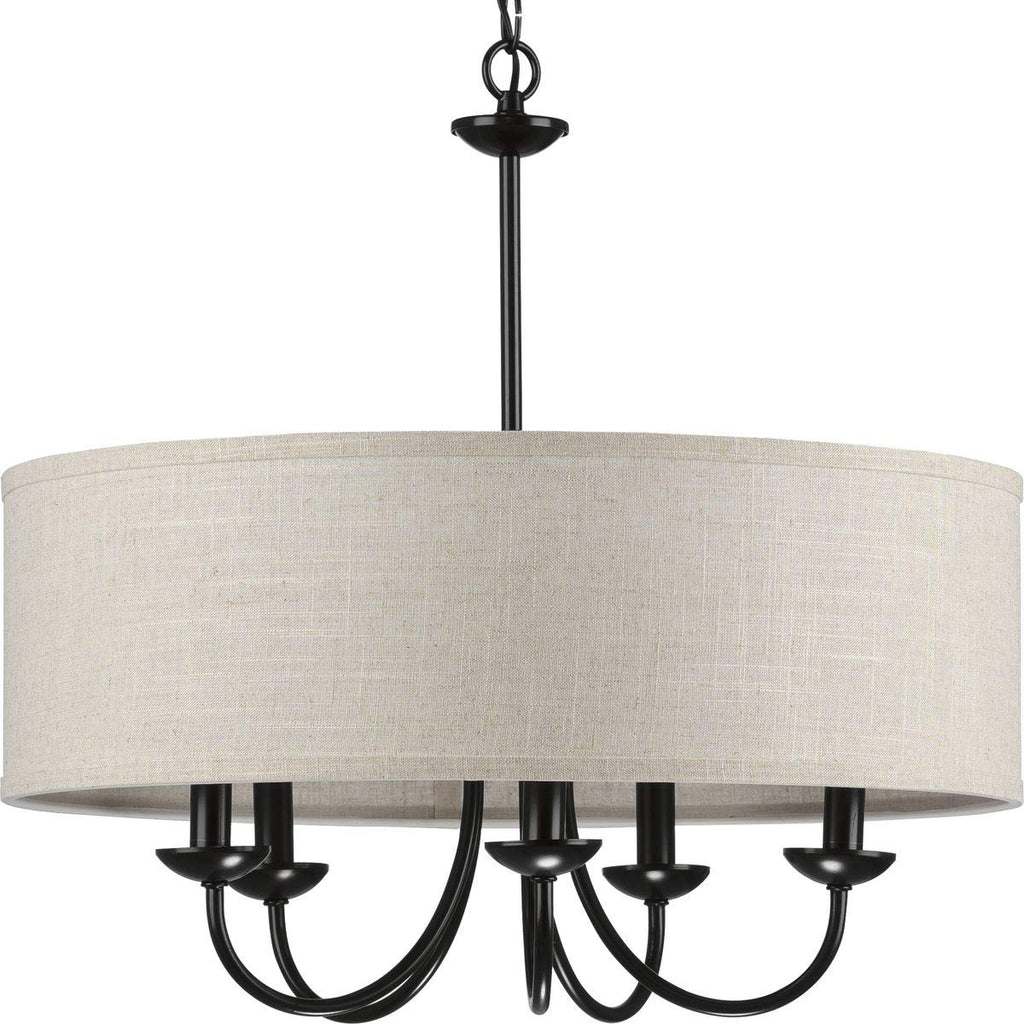 Progress Lighting Drum Shade Collection Five-Light Chandelier, Farmhouse Style Hanging Ceiling Light Fixture for Dining Rooms, Foyers, Harvest Linen Shade, Matte Black