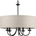 Progress Lighting Drum Shade Collection Five-Light Chandelier, Farmhouse Style Hanging Ceiling Light Fixture for Dining Rooms, Foyers, Harvest Linen Shade, Matte Black