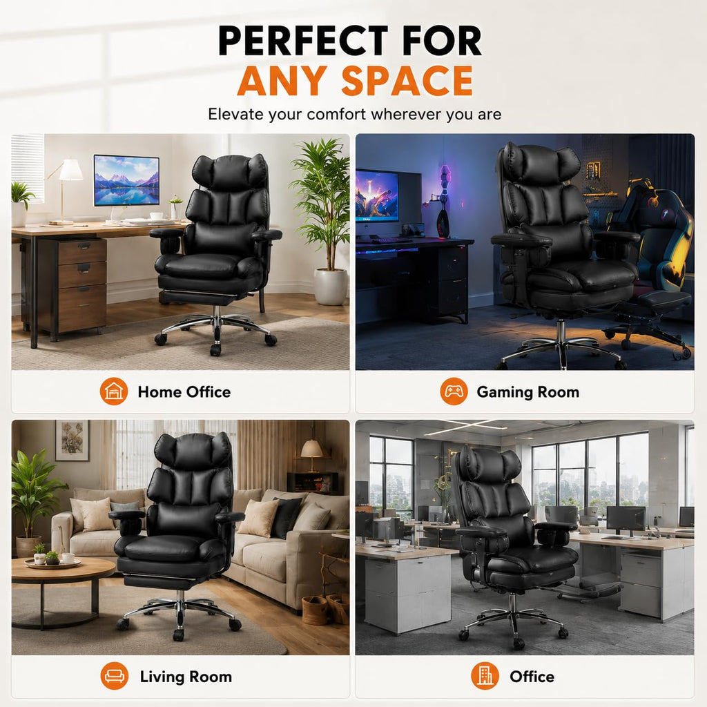 Big and Tall Ergonomic Office Chair with Footrest, Executive High Back PU Leather Desk Chair, Reclining Computer Chair with Adjustable Lumbar Support and Armrests, Swivel Rolling Gaming Chair, Black