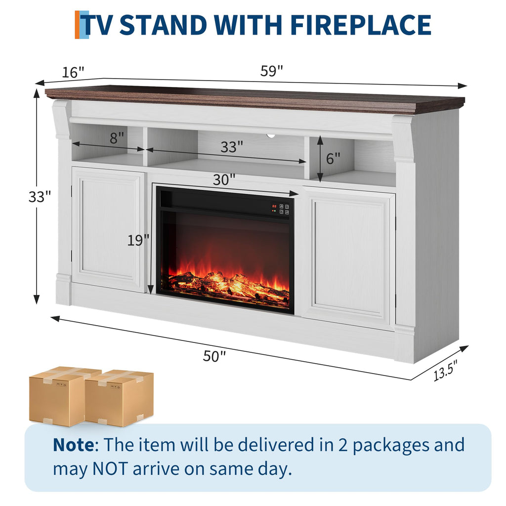 GAOMON 58 Inch Fireplace TV Stand, Wooden Entertainment Center with 36 Inch Electric Fireplace, 3D Realistic Flame, Farmhouse Media Console with Storage Cabinets for Living Room, Gray