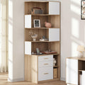 ModernMate Corner Bookshelf with Storage, 74.4" Tall L-Shaped Bookcase with 3 Drawers & AC/USB Charging Station, 7 Tier Wooden Open Display Rack for Living Home Office, Light Walnut