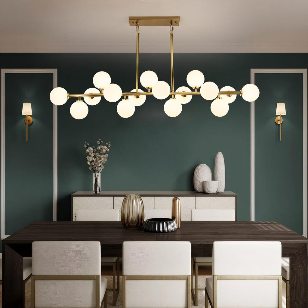 DUGHKUGH Mid Century Modern Chandelier 55in Linear Gold Pendant Lighting Fixture Linear Chandeliers for Kitchen Island, Dining Room 16-Light