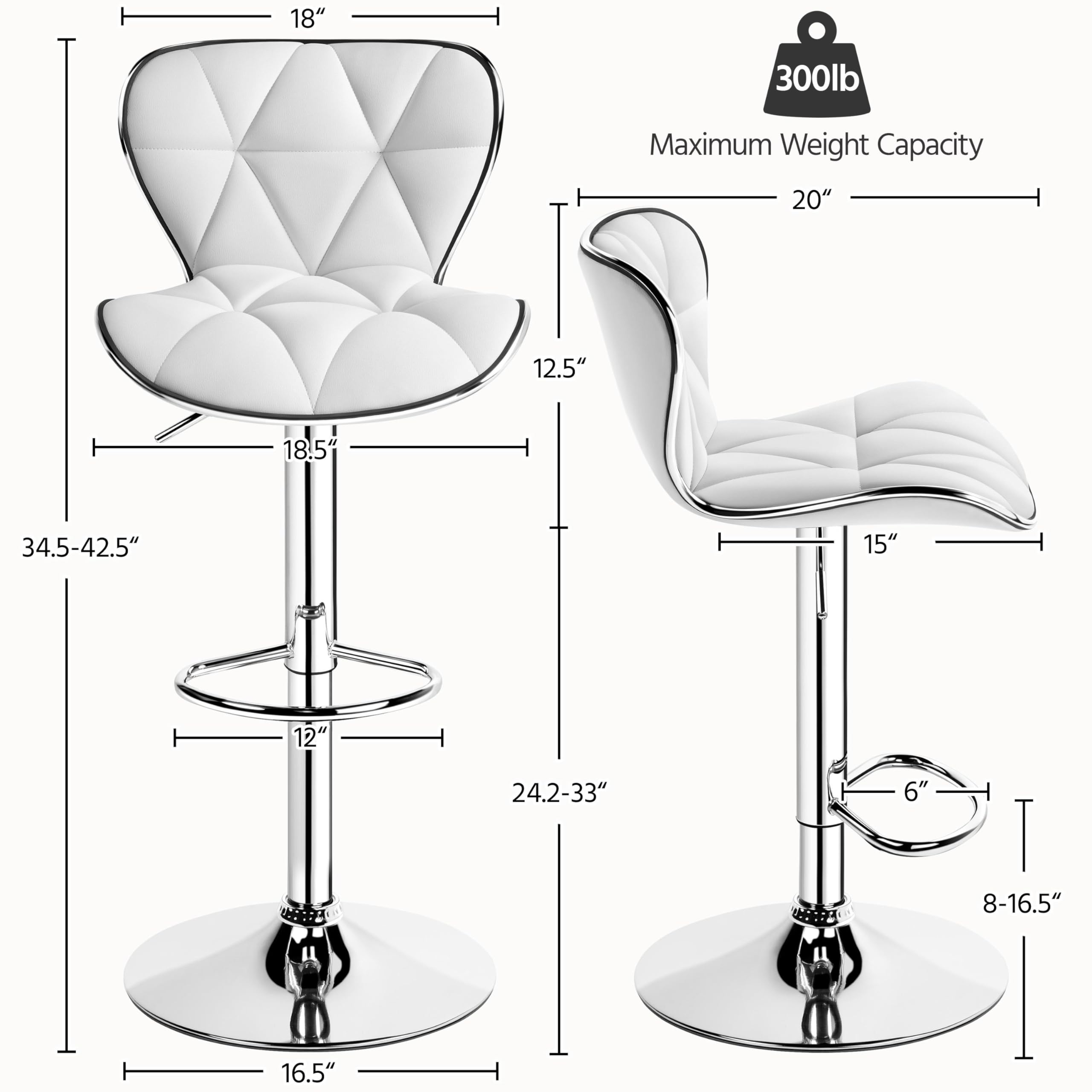 Yaheetech Bar Stools Leather Set of 4, Adjustable Shell Back Barstools with Footrest, Counter Height Bar Chairs with Back for Kitchen Island, White