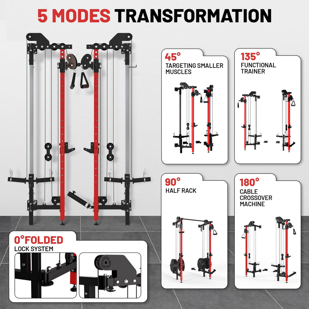 Garvee Folding Squat Rack, Wall Mounted Power Rack with Dual Independent Pulley System & Pull Up Bar, Multi-Function Power Cage with for Home Gym Space-Saving