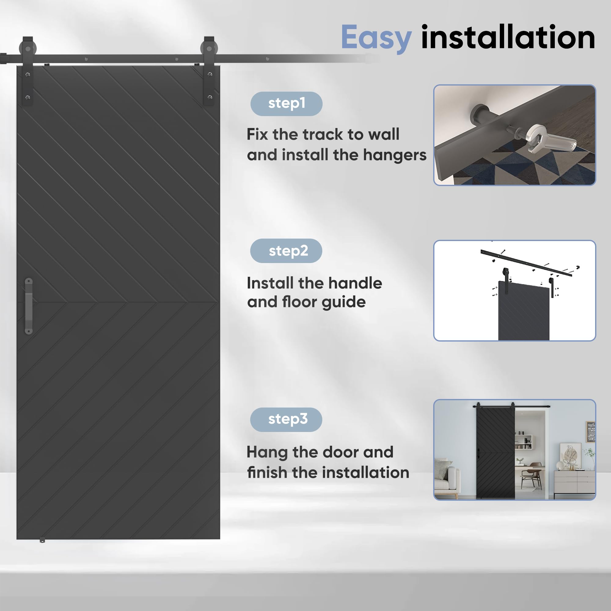 JUBEST 36 in. x 84 in. Sliding Barn Door Modern Door with 6FT Hardware Kit Icluded, Hollow-core Chevron Interior Doors with PVC Covered, Waterproof Surface, Easy to Install, Black