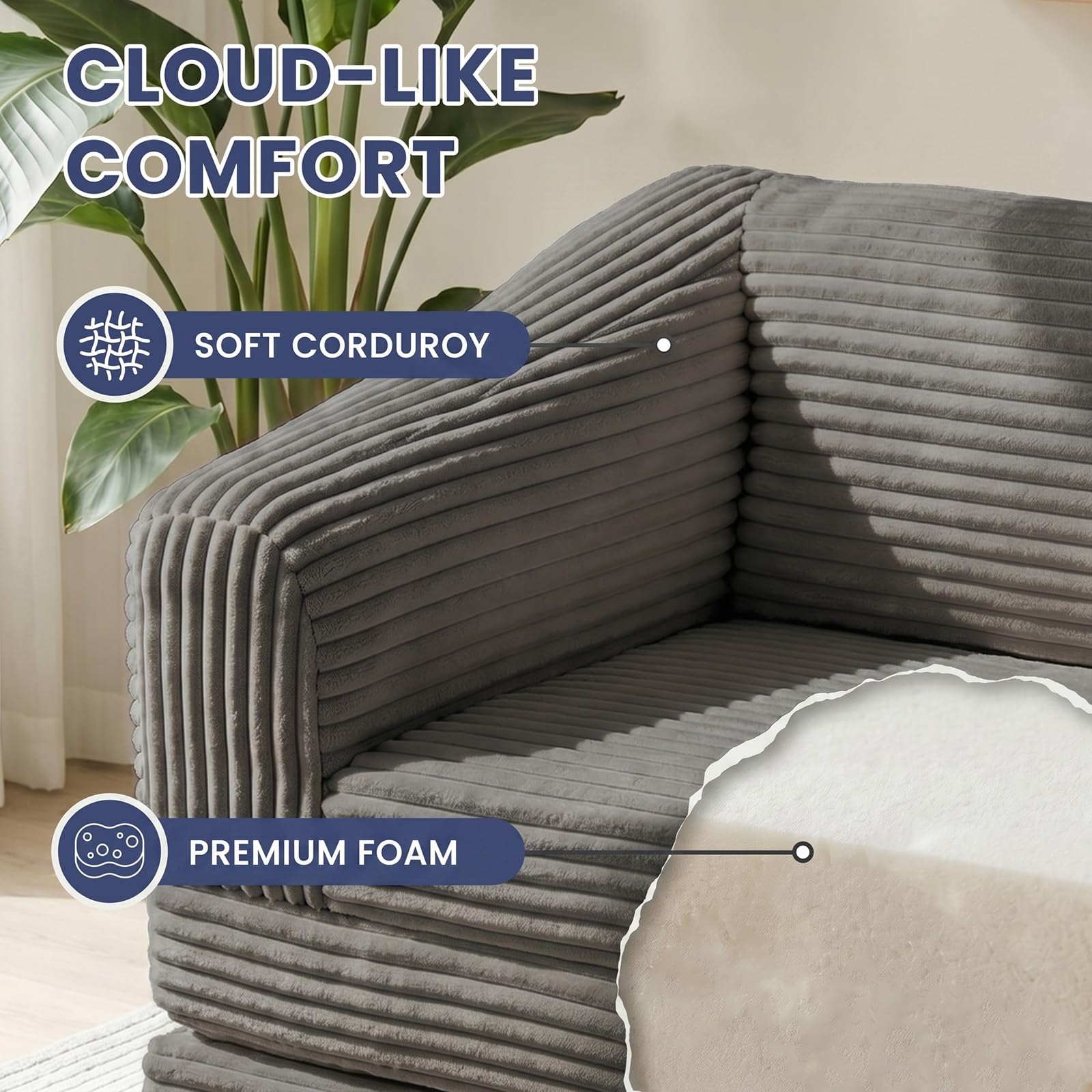 AOLVDOW Loveseat 51 inch, 2-in-1 Convertible Tri-Folding Sofa Bed with Thick Backrest & Carry Handle, Gray Foldable Couch Bed Lounger Sleeper Sofa for Living Room, Guest Room, Soft Corduroy