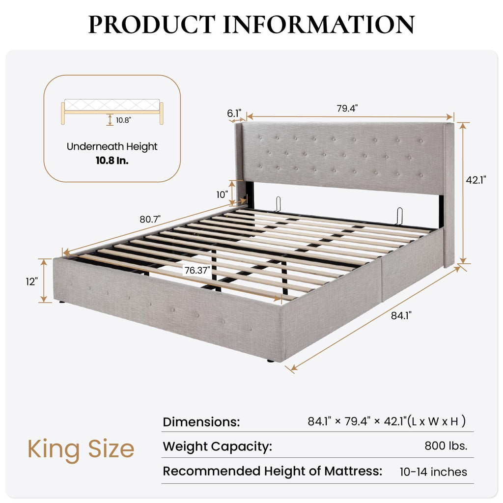 SHA CERLIN King Size Lift Up Storage Bed Frame,Button Tufted Wingback Headboard,Upholstered Platform,Hydraulic Storage,Wooden Slat Support,No Box Spring,Light Beige