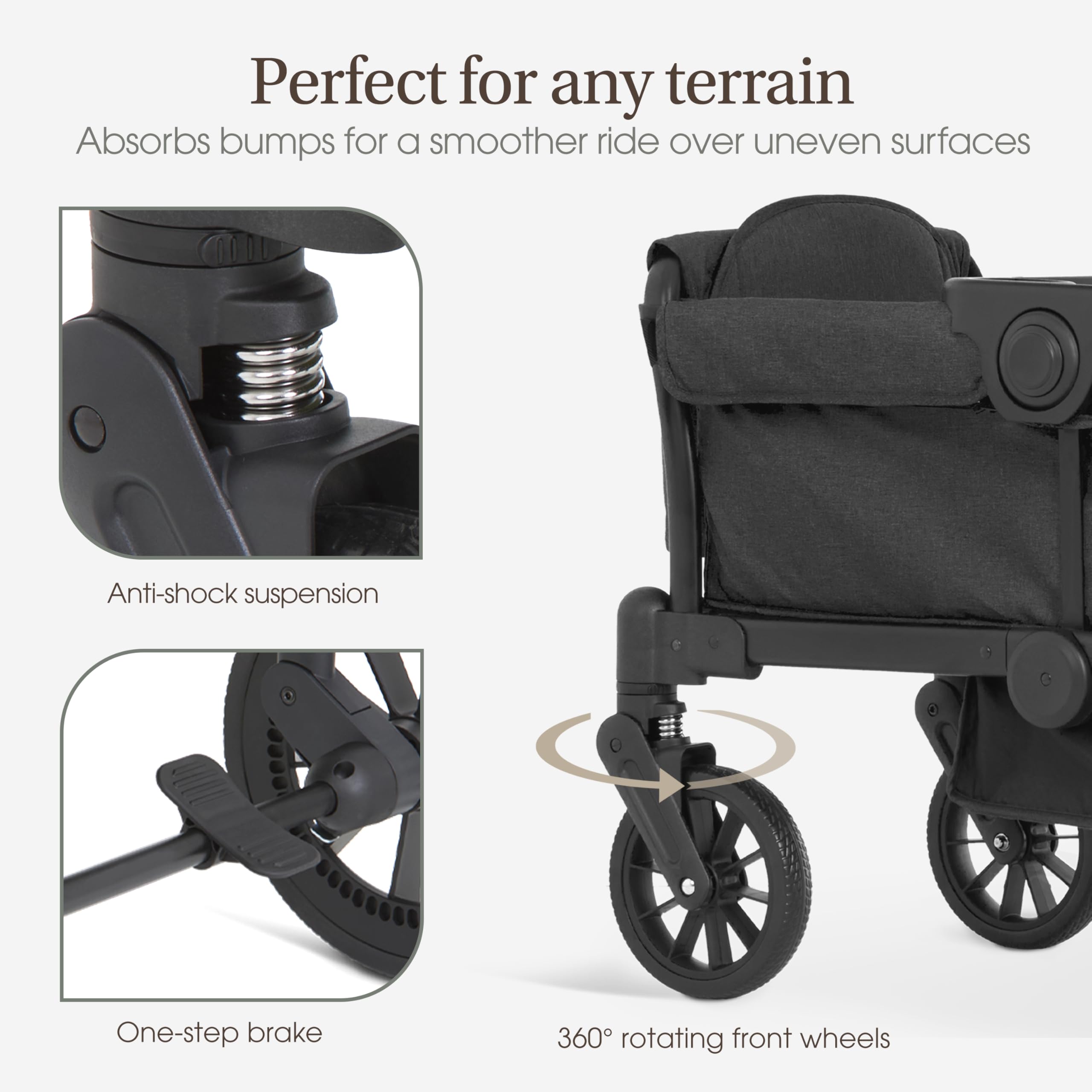 Evolur Trailblazer Wagon Double Stroller in Black, Foldable Infant and Toddler Stroller Wagon, 5-Point Harness, Removable Canopy, All-Terrain Wheels, Spacious Storage for 2 Kids