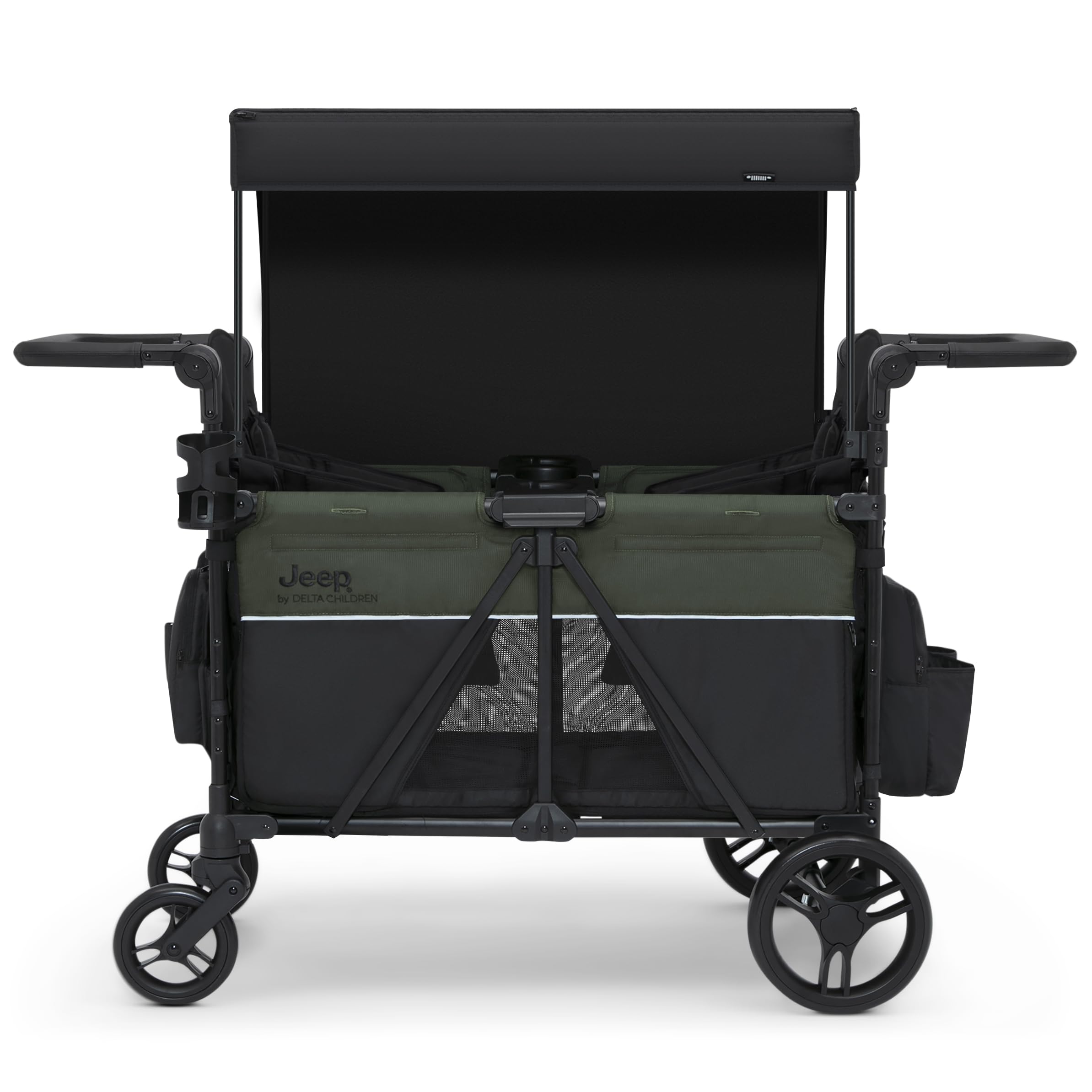 Jeep Aries Stroller Wagon by Delta Children Premium Wagon for 2 Kids with Convertible Seats, Adjustable Push/Pull Handles, Removable Canopy & Flat Fold - Greenguard Gold Certified, Black/Green