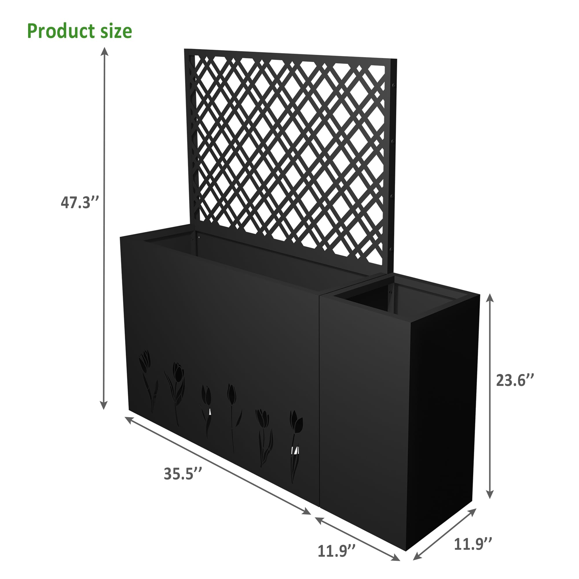 Pasirou 2-Piece Metal Planter Box with Trellis- 23.6in Depth Raised Garden Bed for Outdoor Indoor Use, Galvanized Steel Flower Planter with Drainage Holes