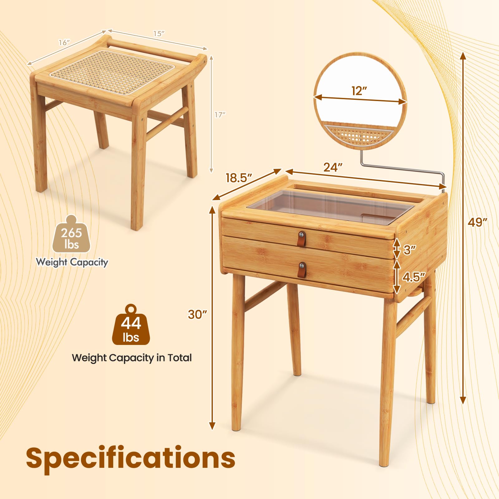 CHEFJOY Boho Vanity Desk with Mirror, Bamboo Makeup Vanity Table & Stool Set with 2 Storage Drawers & Tempered Glass Table Top, Small Dressing Table Set for Bedroom, Living Room
