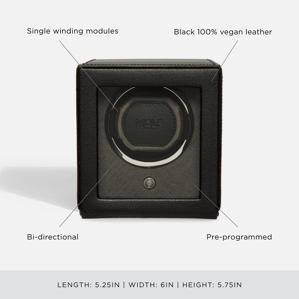 Wolf Cub Single Watch Winder with Glass Cover, Black - Secure Fit with Patented Lock-in Dynamic Cuff - Accommodates All Wrist Sizes - Vegan Leather - Includes Universal Adapter