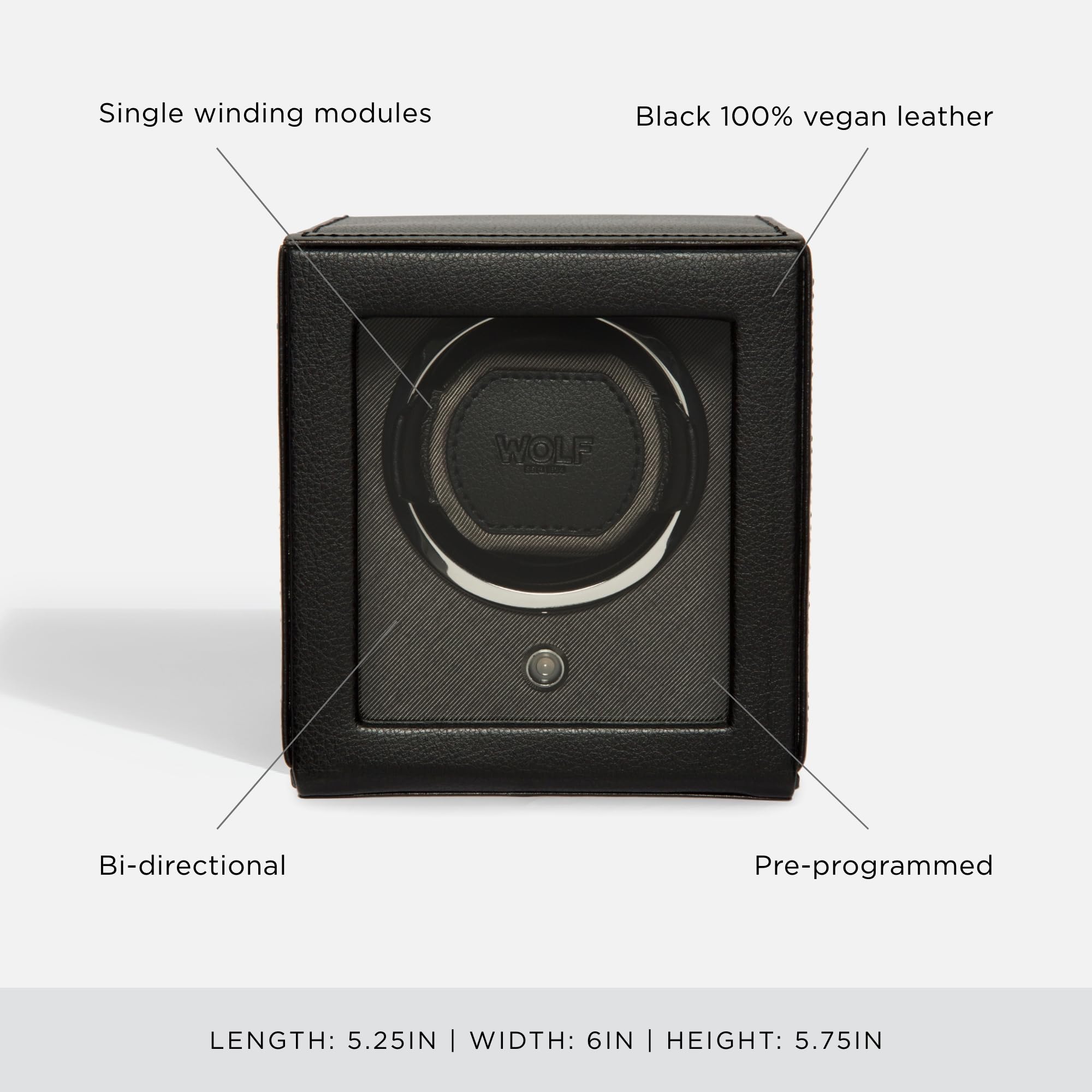 Wolf Cub Single Watch Winder with Glass Cover, Black - Secure Fit with Patented Lock-in Dynamic Cuff - Accommodates All Wrist Sizes - Vegan Leather - Includes Universal Adapter