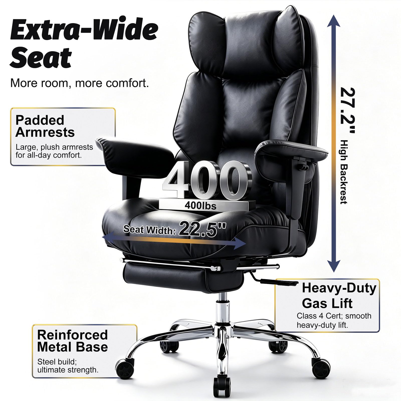 Efomao Big and Tall Office Chair 400lbs - Heavy Duty Reclining Desk Chair with Footrest, Spacious High Back PU Leather Executive Chair, Double-Layer Spring Support, Black