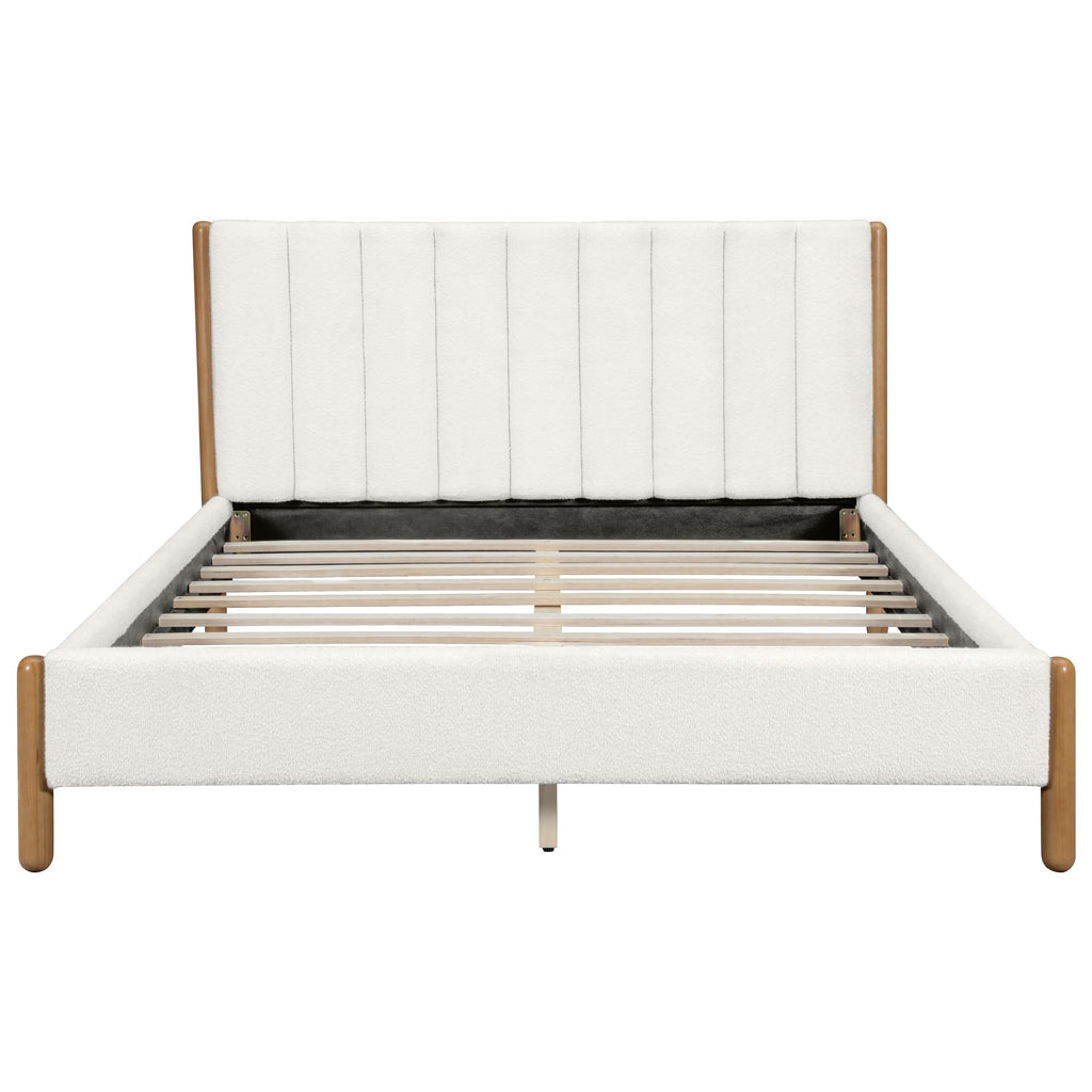 Ball & Cast Queen Size Bed Frame with Thick Boucle Upholstered Headboard, Solid Wood Legs, No Box Spring Needed Platform Bed, Underbed Storage Space,White
