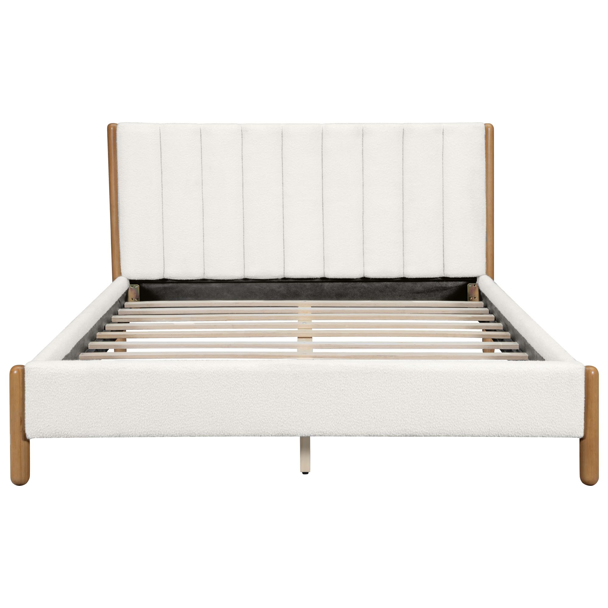 Ball & Cast Queen Size Bed Frame with Thick Boucle Upholstered Headboard, Solid Wood Legs, No Box Spring Needed Platform Bed, Underbed Storage Space,White