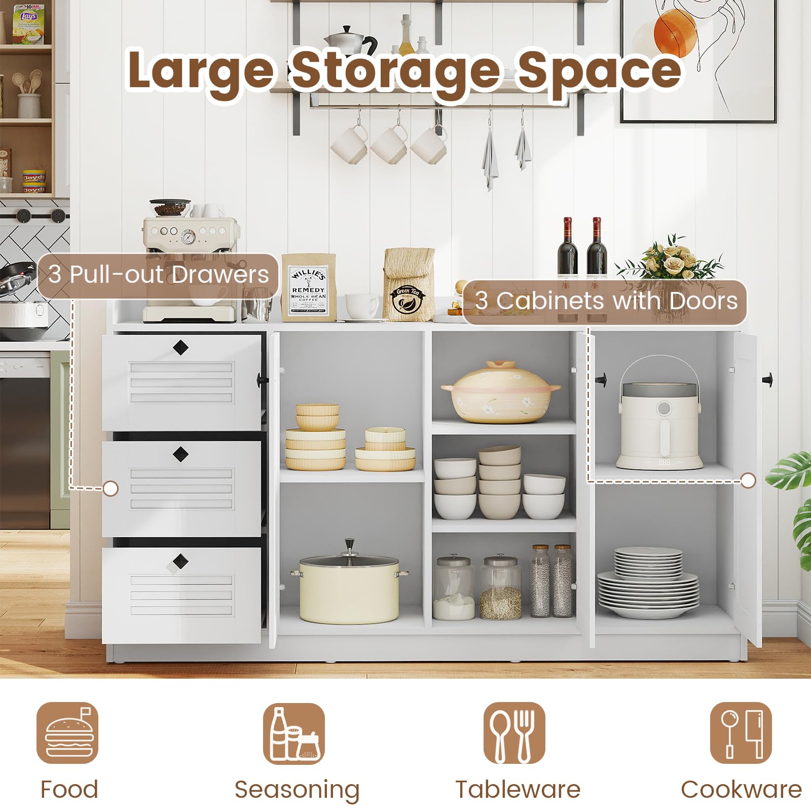 Giantex 63'' Buffet Cabinet with Storage, Modern Sideboard Cabinet with 3 Doors & 3 Pull-Out Drawers, Large Kitchen Console Table with Anti-Tipping Devices for Living Room, Dining Room, White