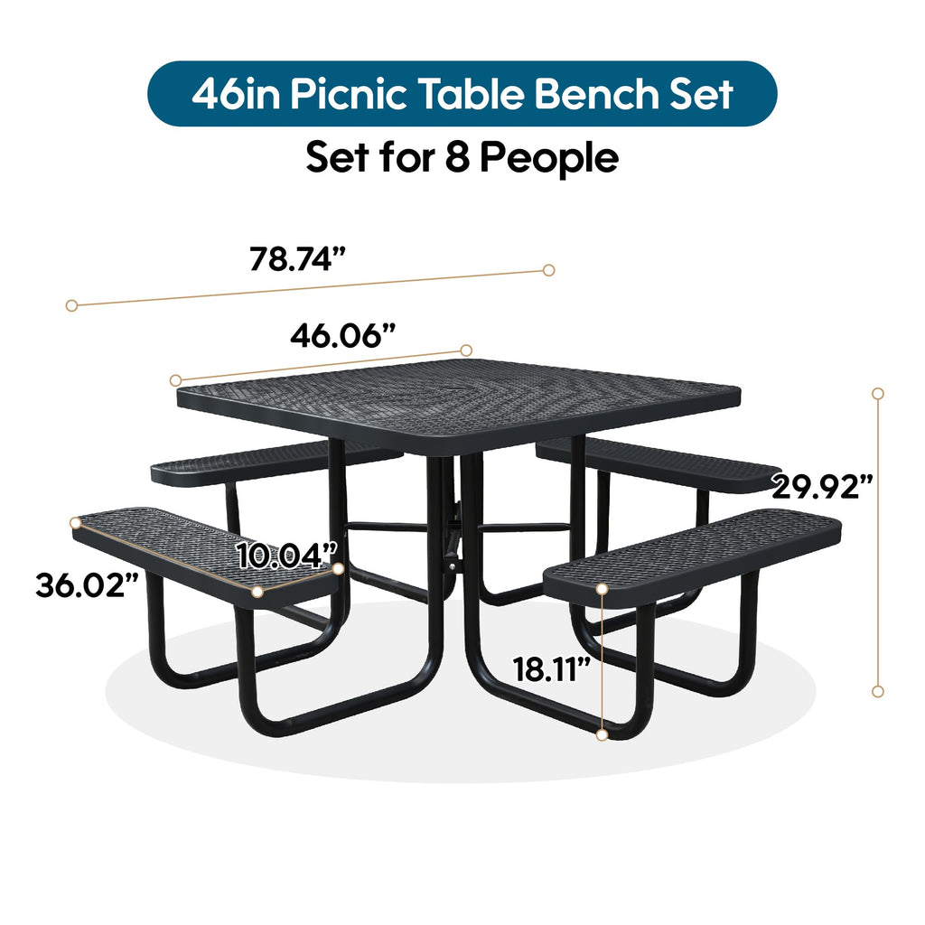 Sunnibety 8-Person Picnic Tables for Outdoors, Industrial 46" Expanded Metal Square Picnic Table with 4 Benches & Umbrella Hole, Outside Table and Bench Set for Garden, Backyard, Porch, Patio, Black
