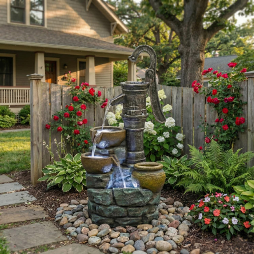 mdj pottery 32 Inch Tall Outdoor Water Fountain, 3-Tiered Cascading Bowl Fountain, Vintage Pump Style Weather-Resistant Resin Waterfall Fountain for Patio Yard Garden - Grey