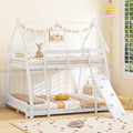 Giantex Twin Over Queen Bunk Bed, Wood House Bunk Bed for Kids with Climbing Nets and Ramp, Floor Queen Size Bunk Beds with Safety Guardrail, No Box Spring Needed, for Boys Girls Adults (White)