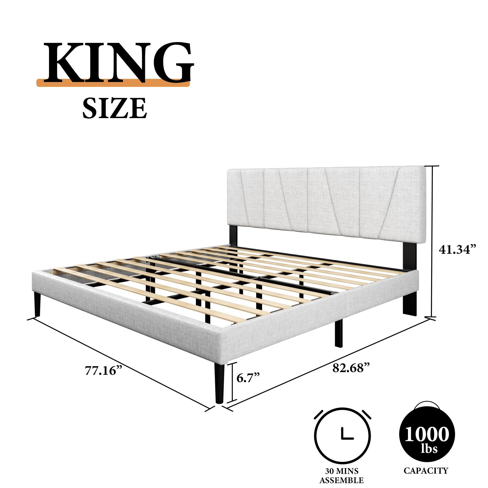 CXVX King Size Platform Bed Frame with Geometric Upholstered Headboard, Noise Free, Wooden Slats Support, No Box Spring Needed, Easy Assembly, Light Grey, Linen
