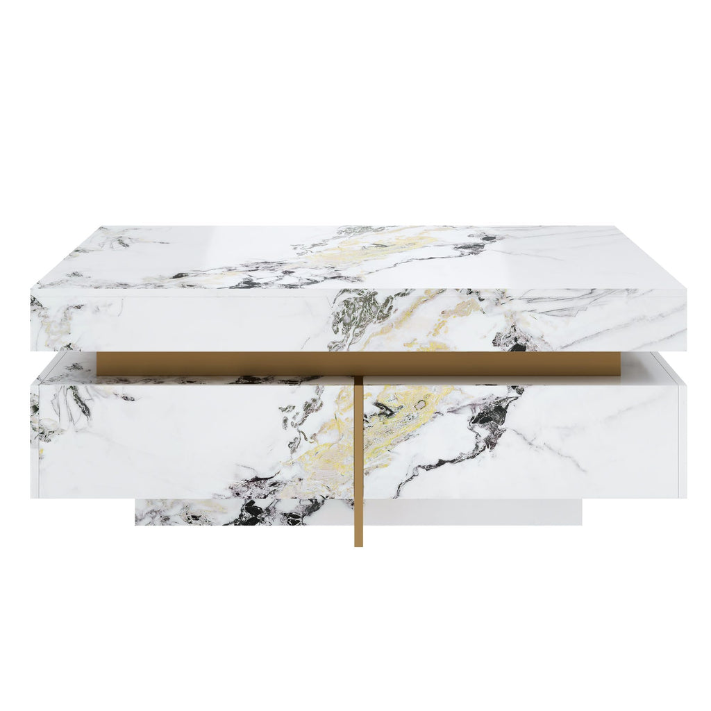 Merax 43.3 Inch Modern Large Square Coffee Table with Marble Textured Top, 4 Built-in Drawers Ample Storage and Floating Suspended Base, Modern Elegance White MDF Storage Center Table for Living Room