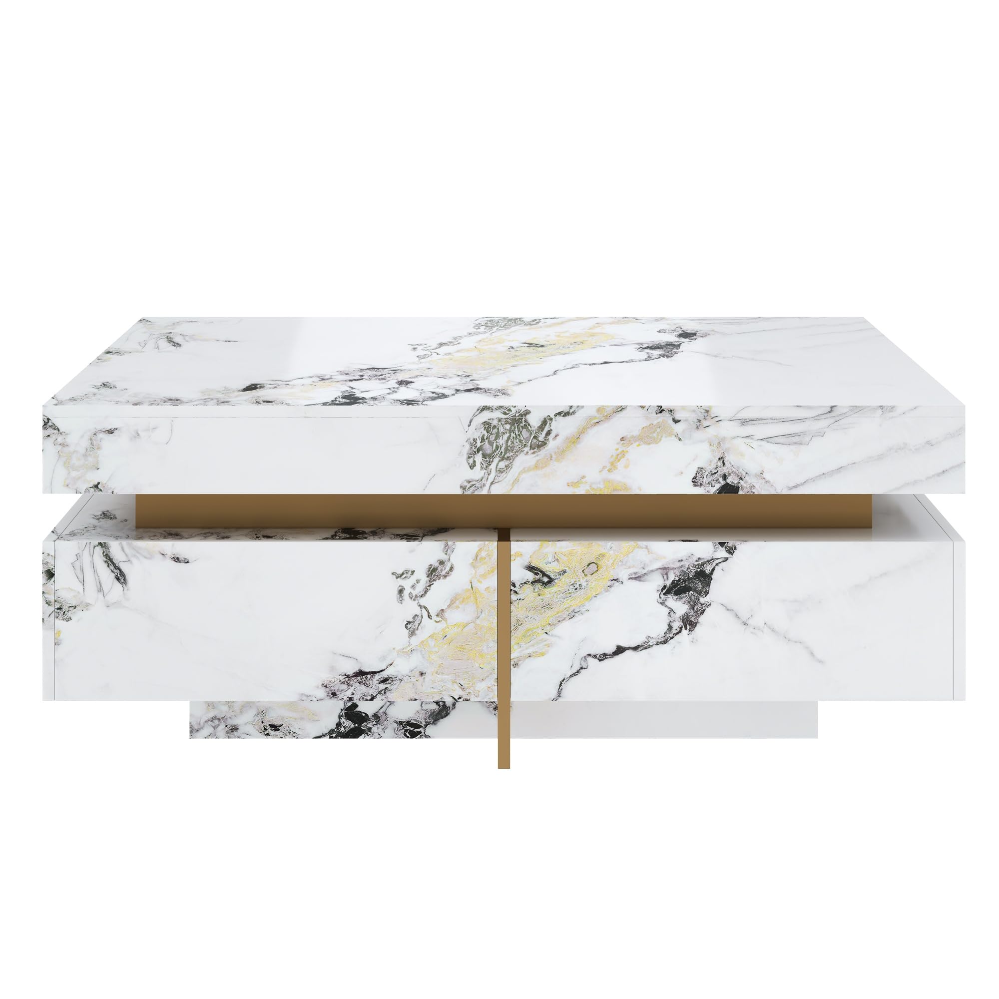 Merax 43.3 Inch Modern Large Square Coffee Table with Marble Textured Top, 4 Built-in Drawers Ample Storage and Floating Suspended Base, Modern Elegance White MDF Storage Center Table for Living Room