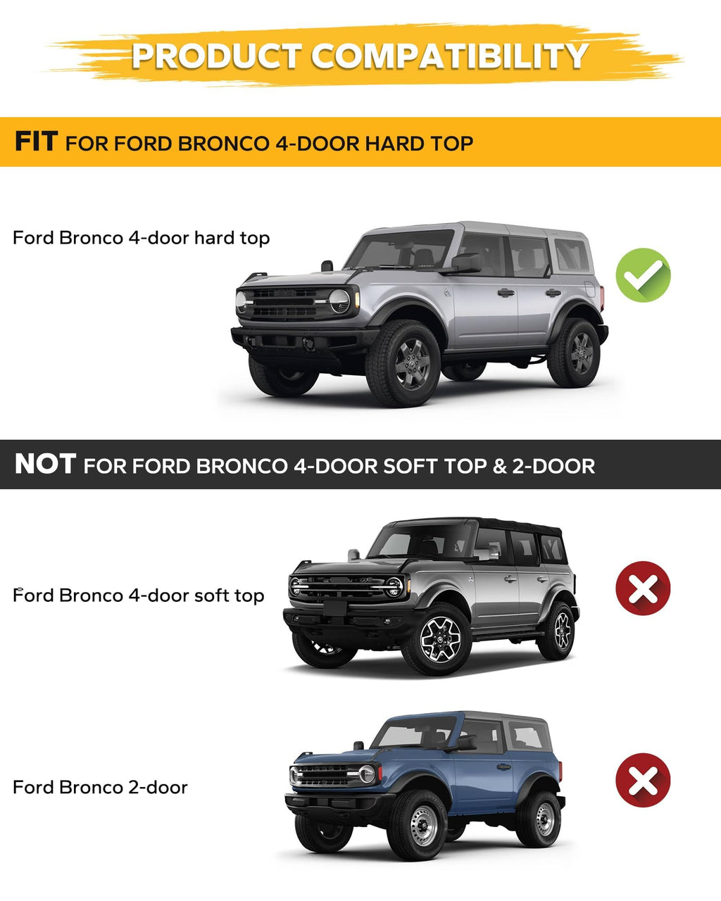 Broaddict Half Short Roof Rack Cross Bars Fit for 2021-2025 2026 Ford Bronco 4-Door Hard Top, Aluminum Side Rail Luggage Carrier, for Kayak, Bike, Snowboard Low Profile Bronco Storage Accessories