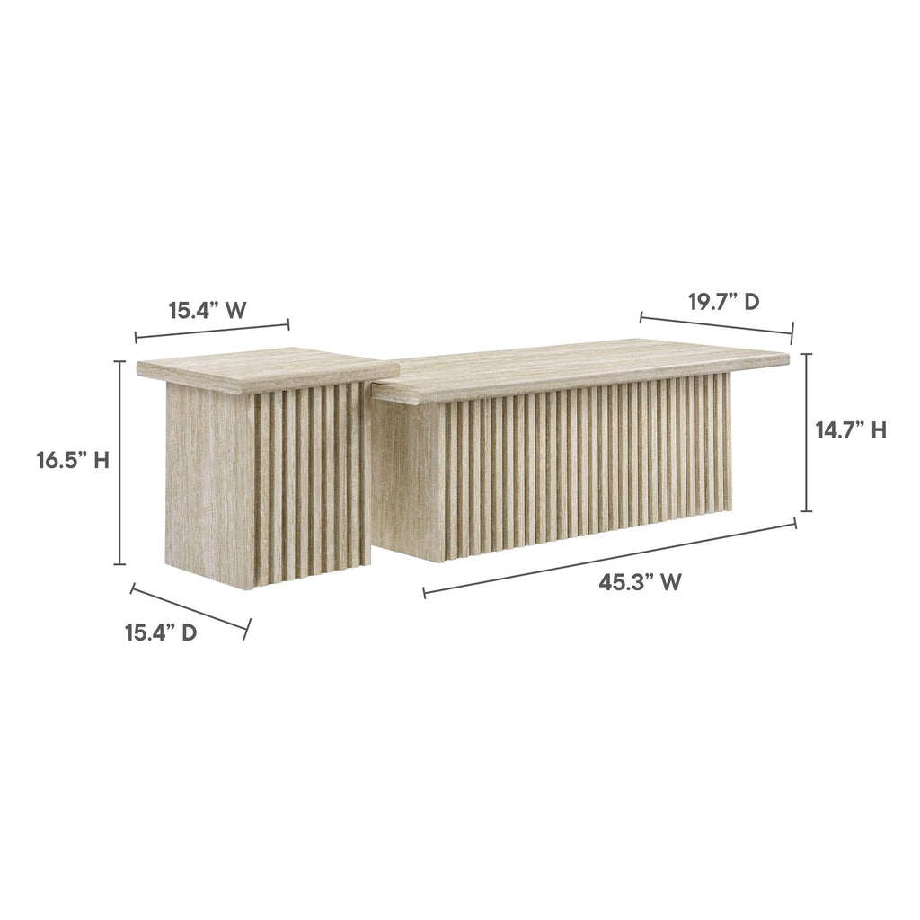 Modway Render Faux Travertine Slatted Nesting Coffee Table Set in Travertine - 2 Piece Low Profile Coffee Table Mid Century Modern - Abstract Coffee Tables for Living Room - Nested Accent Tables