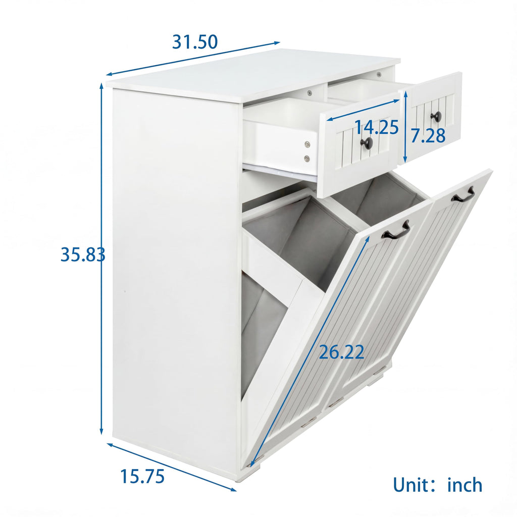 FEBORY White Laundry Cabinet with 2 Removable Hamper Baskets and 2 Drawers, Particle Board and MDF, 31.5 x 15.75 x 35.83 Inches
