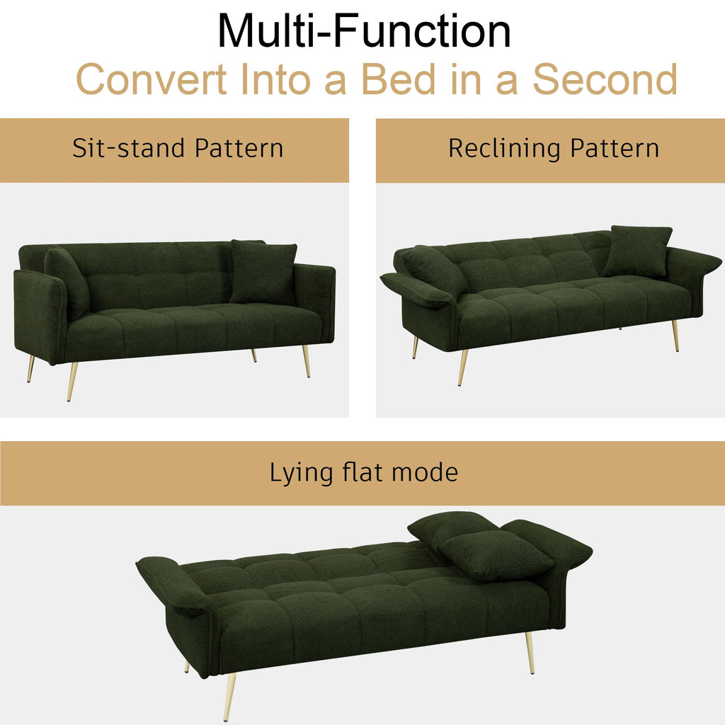 KEIKI Upholstered Loveseat Sofa, 70" Convertible Futon Sofa Bed with Adjustable Arms and Backrest, Removable Pillow Cover, Comfy Cushion, Teddy Fleece Love Seat Couches for Bedroom, Apartment, Green