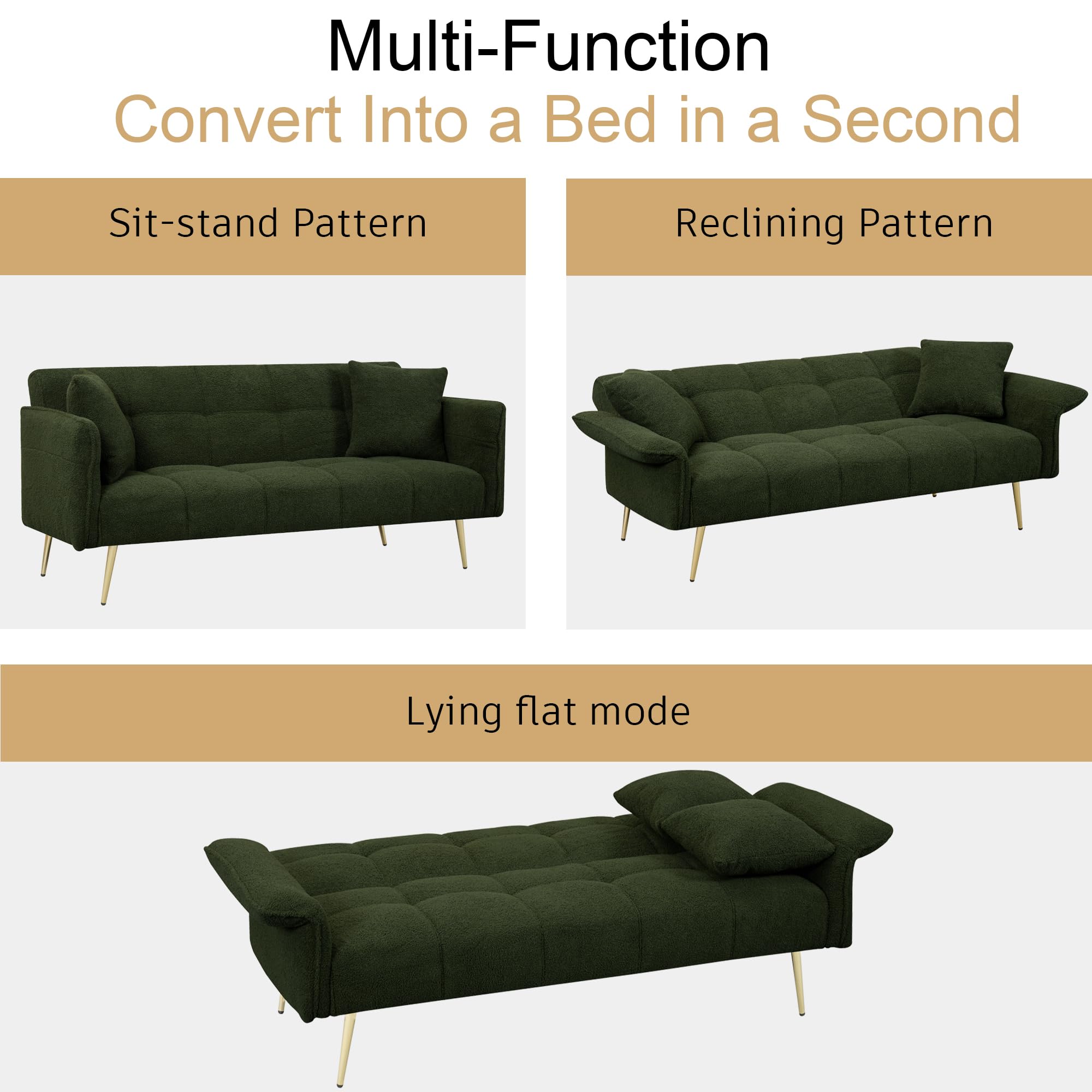 KEIKI Upholstered Loveseat Sofa, 70" Convertible Futon Sofa Bed with Adjustable Arms and Backrest, Removable Pillow Cover, Comfy Cushion, Teddy Fleece Love Seat Couches for Bedroom, Apartment, Green